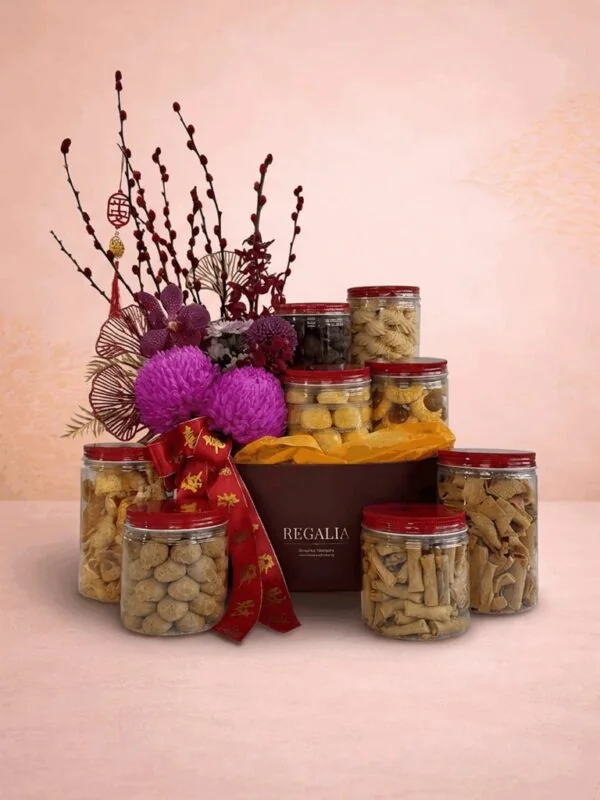Ding Bakery gift hamper with jars of goodies and purple floral decorations.